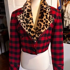 VINTAGE Nicole Miller Red and Black Checkered Blazer with Leopard Collar